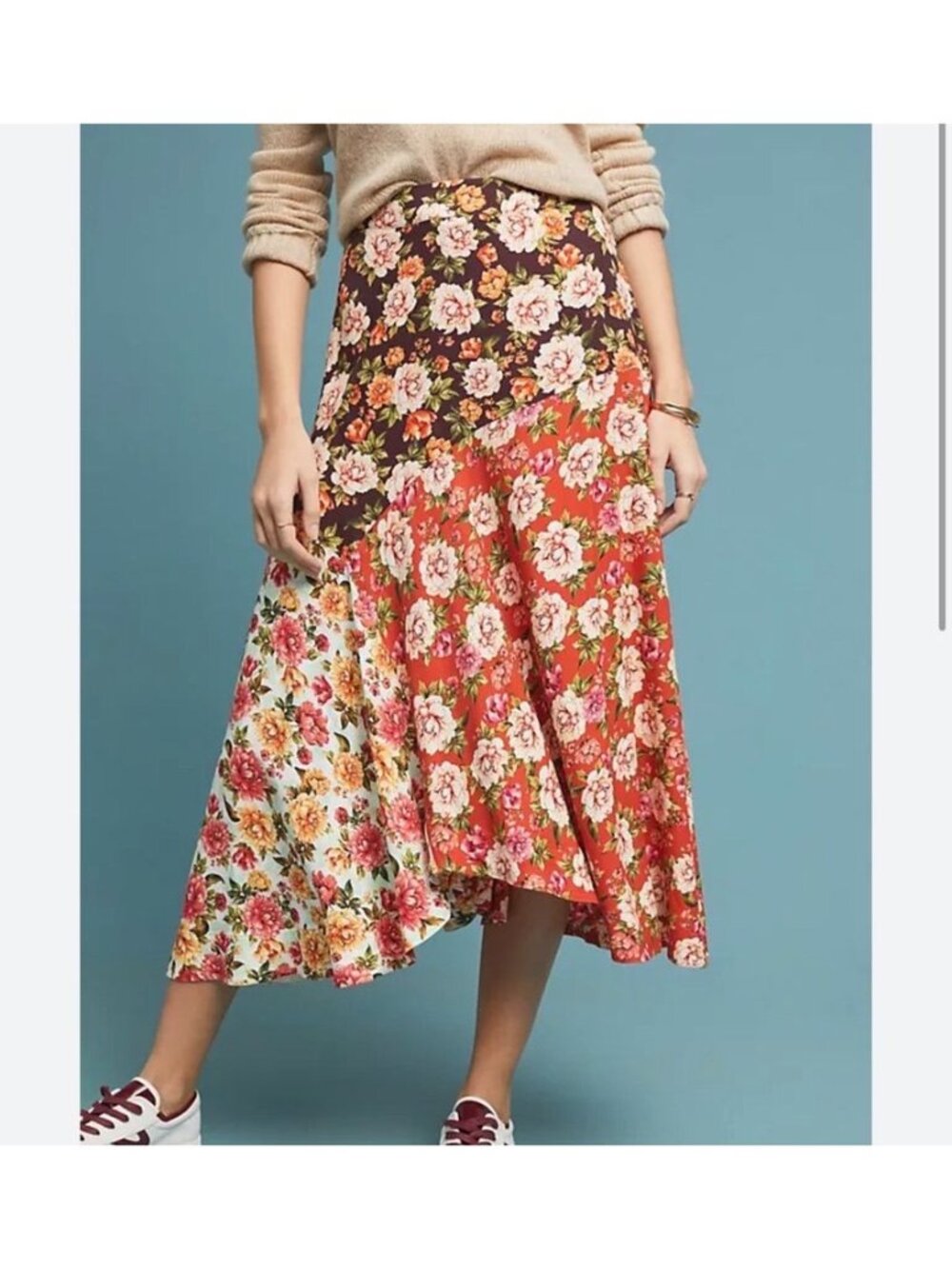 Farm Rio Patchwork Floral Asymmetrical Midi Skirt Women's Size S